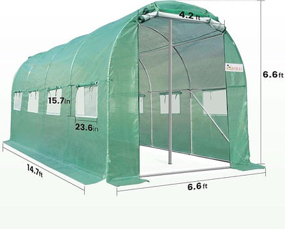 KING BIRD Premium 15x6.6x6.6FT Greenhouse for Outdoors, Large Walk-in Upgraded Galvanized Metal Frame, Mesh Door Screen Window Improved Zipper Tunnel Hoop for Garden Plant Winter, 2 Stiffeners, Green