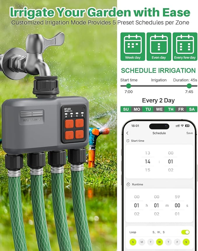WiFi Sprinkler Timer 4 Zone with 984 Feet RF Gateway, 4 Outlet Smart Water Timer for Garden Hose with Rain Delay/Manual/Automatic,WiFi Water Hose Timers for Garden & Lawns