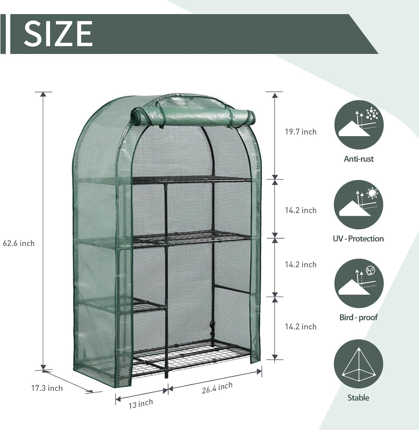 4-Tier Mini Greenhouse, 40 x 18 x 63 inch Steel Frame and PE Cover Plastic Plant Rack Stand Green House with Plant Repotting Mat for Indoor & Outdoor Use (Clear and Green)