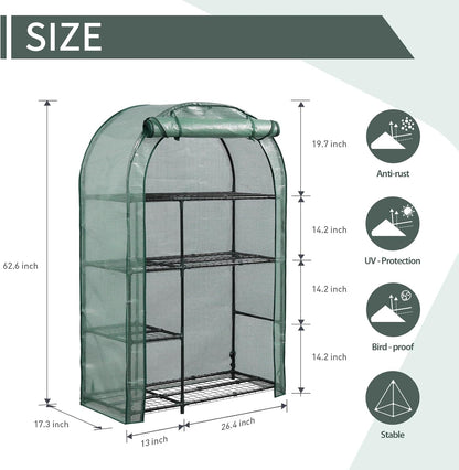 4-Tier Mini Greenhouse, 40 x 18 x 63 inch Steel Frame and PE Cover Plastic Plant Rack Stand Green House with Plant Repotting Mat for Indoor & Outdoor Use (Clear and Green)