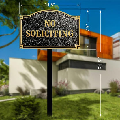 No Soliciting Statement Plaque, Solid Metal Cast Yard Sign, Thick and Sturdy Material, Embossed Letters, 11.5” x 7.5" Heavy Duty Sign with 31.5" Stakes and Upgraded Stainless Screws