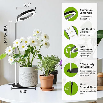 Grow Lights for Indoor Plants, 80 LEDs Full Spectrum Plant Grow Light with 2 Mounting Options, 6/12/16H Timer, 3 Spectrum Modes, 37 in Height Adjustable Desk Growing Lamp (Black/2-Pack)