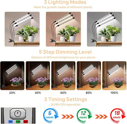 3 Head Grow Lights for Seed Starting, 6000K Full Spectrum for Indoor Plants, 6/12/18H Auto Timer, 5 Dimmable Levels, Clip-on Desk Lamp for Growing (2 Pack)
