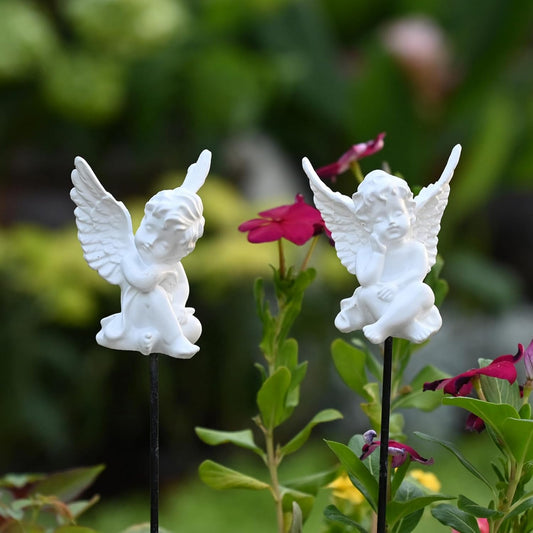 OwMell Set of 2 Decorative Garden Stakes - Small Angel & Cherub Angel Ornaments, Memorial Statue & Flower Pot Decorations