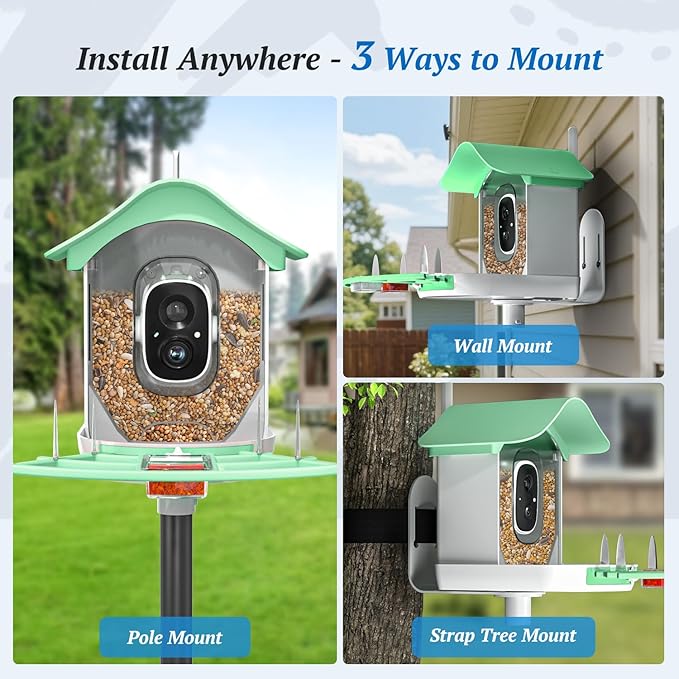 Smart Bird Feeder with Camera, 2K HD AI Identify Birds Species, Bir d Watching Camera with Solar Panel, Instant Notifications, Ideal Present for Bir d Lover, Grass Green