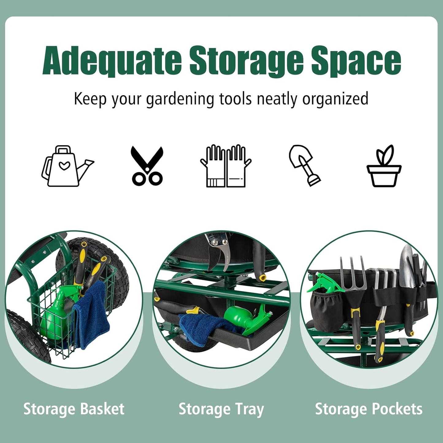 Goplus Rolling Garden Seat with Wheels, Outdoor Garden Cart with 360° Swivel Seat & Tool Storage, 2 Steering Handles, Gardening Stool Wagon Scooter, Lawn, Patio Gardening Workseat for Seniors