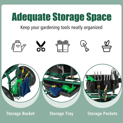 Goplus Rolling Garden Seat with Wheels, Outdoor Garden Cart with 360° Swivel Seat & Tool Storage, 2 Steering Handles, Gardening Stool Wagon Scooter, Lawn, Patio Gardening Workseat for Seniors