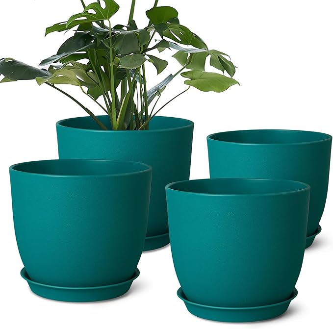 Plant Pots 8 Inch Set of 4, Flower Pots with Multi Mesh Drainage Holes, Planters for Indoor Outdoor Garden Plants and Flowers（Blue）