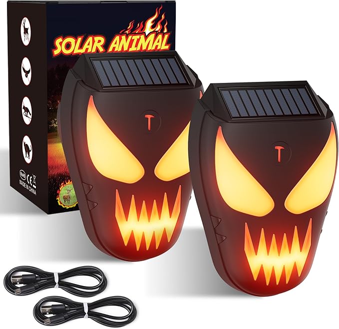 Solar Nocturnal Animal Repeller with Flickering Flame, Waterproof Solar Racoon Repellent Outdoor Coyote Deterrent for Fox, Raccoon, Skunk, Deer - Predator Light for Chicken Coop, Garden (Amber-2pack1)