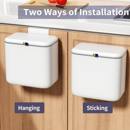 Kitchen Compost Bin with Lid - Hanging Small Trash Can for Countertop or Under Sink, 2.6 Gallon Wall Mounted Garbage Can for Cabinet Door, Indoor Food Waste Bin for Bathroom, RV, Office, White