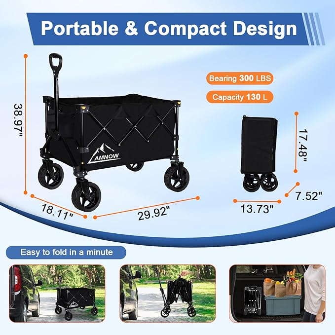 Collapsible Wagon Cart with Wheels Foldable, Folding Wagons Carts with Silent Universal Wheels, Large Grocery Cart On Wheels, Heavy Duty Utility Wagon for Shopping Beach Sports Fishing Camping, 130L