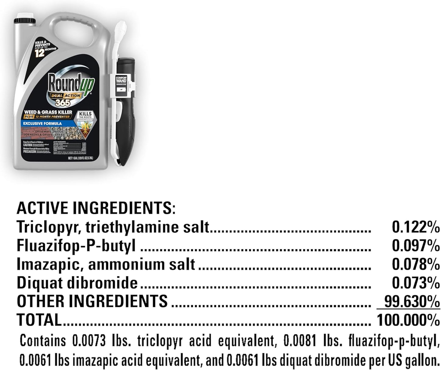 Roundup Dual Action 365 Weed & Grass Killer Plus 12 Month Preventer with Comfort Wand, Kills & Prevents for up to 1 Year, 1 gal.