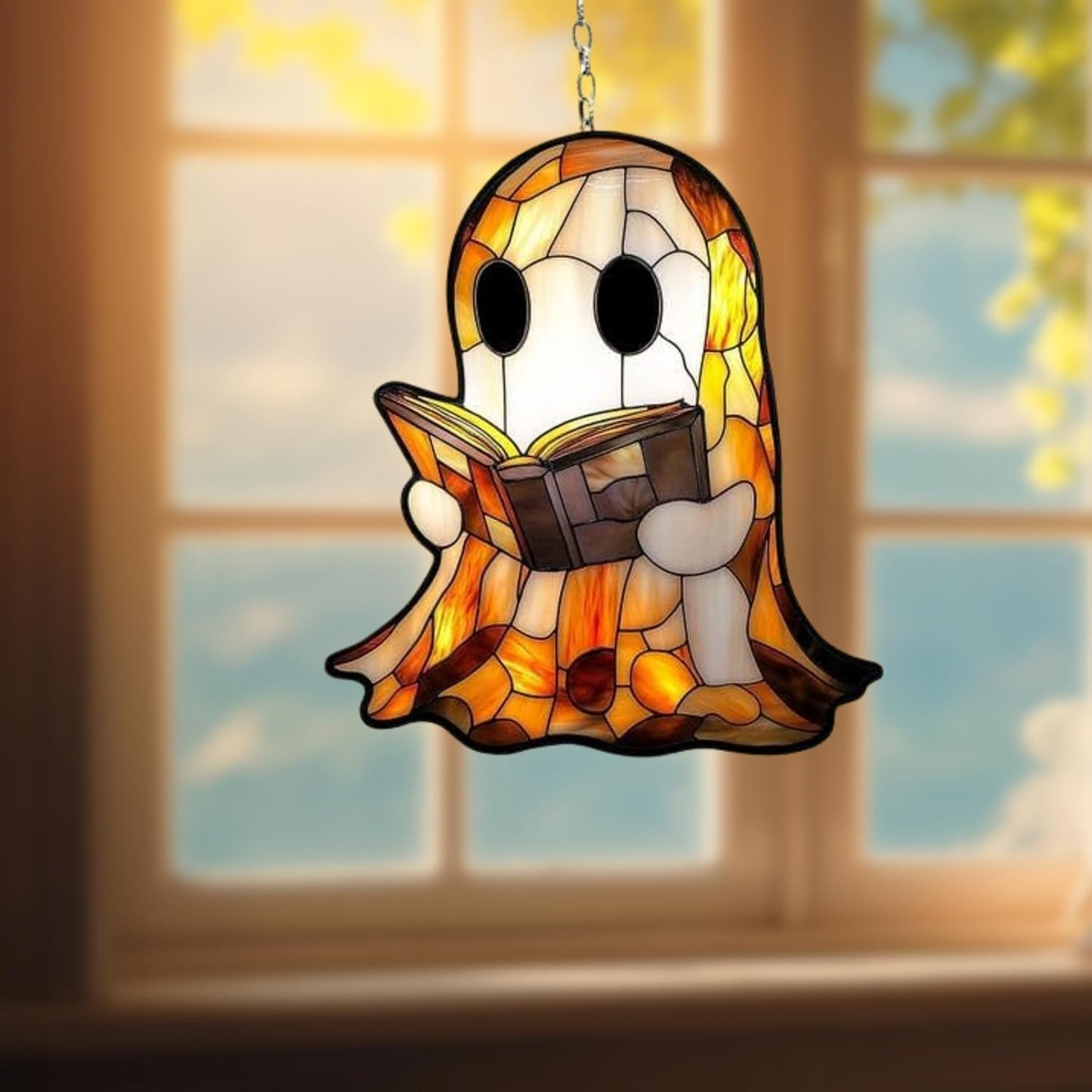Spooky Cute Ghost Acrylic Suncatcher Stained Glass Effect Window Car Hanging Christmas Ornament Indoor Outdoor Decor Garden Sun Catcher Panel for Halloween Lover for Women Mom Grandma