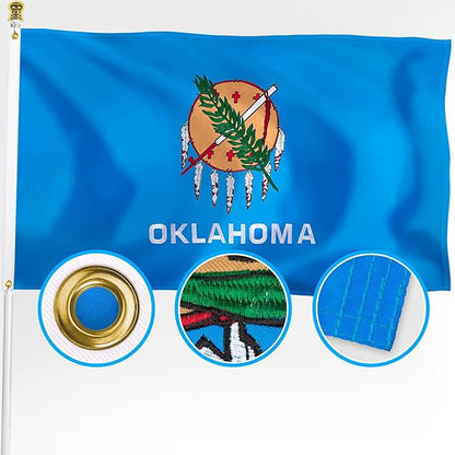 XIFAN Premium Oklahoma State Flag 3x5 ft Outdoor, Double Sided Embroidered Image, Heavy Duty 210D Nylon OK Flags, the Strongest Longest Lasting for Outside with Sewn Stripes/Brass Grommets