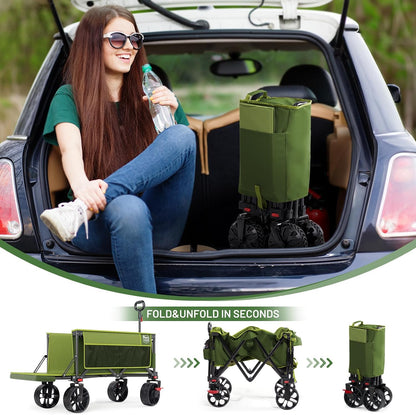 TIMBER RIDGE Beach Wagon with Tailgate, 300lbs Heavy Duty Collapsible Wagon with All-Terrain Big Brakes Wheels, Foldable Utility Cart for Sand Sports Shopping, Green