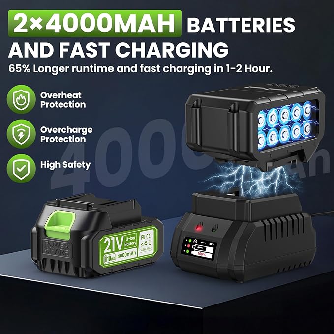 Leaf Blower Cordless, 21V Brushless Powerful Electric Leaf Blower with 2x4.0Ah Batteries and Fast Charger,6-Speed Modes,Shoulder Strap, Lightweight Leaf Blowers for Lawn Care,Blowing Leaves,Dust, Snow