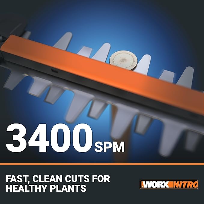 WORX Nitro WG263 22" 20V Cordless Hedge Trimmer, Electric Hedge Trimmer with Dual-Action Blades & 3400 SPM, Brushless Bush Trimmer Cuts Branches 1" Thick, Battery & Charger Included
