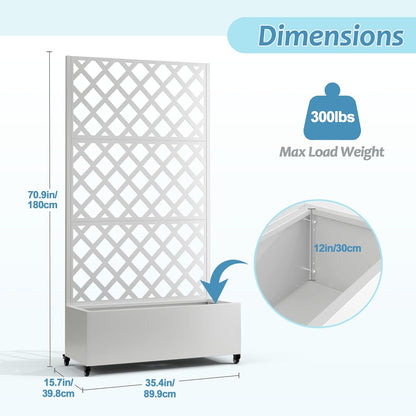 Metal Planter Box with Trellis & Wheels, Raised Garden Bed with Privacy Screen, Outdoor Standing Flower Beds with Drainage Hole for Climbing Plants, Vine, 35.4" L x 15.7" W x 70.9" H, White