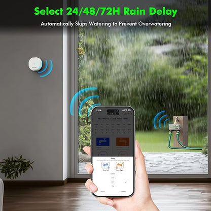 RESTMO Smart Sprinkler Timer with Flow Meter, 2 Zone Water Timer for Garden Hose, Brass Inlet & Outlet, Automatic Lawn & Yard Irrigation Watering System, APP Remote Control (RF Hub + WiFi Connection)