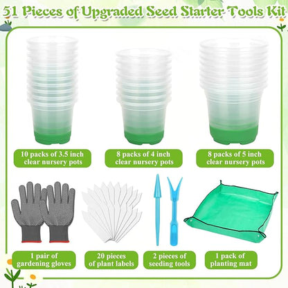 Caffox 51PCS Reusable Seed Starter Kit Includes 26 Packs 3 Sizes Clear Nursery Pots with Silicone Base, Repotting Mat, Gardening Gloves, Plant Labels and Seedling Tools for Easy Transplant