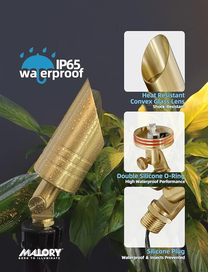 MALORY Brass Landscape Spotlight,12V AC/DC Low Voltage LED Landscape Lighting,Waterproof Spot Up Light for Garden,Patio and Yard (1-Pack with Bulb)