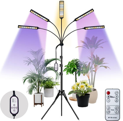Grow Lights for Indoor Plants Full Spectrum, 5 Heads LED Plant Light with Auto On/Off Timer, 10-Level Dimming & Adjustable Stand for Houseplants, Home Gardeners