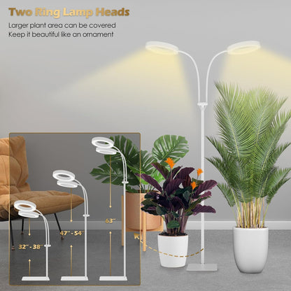 GLOWRIUM Grow Light with Stand,2-Head LED Plant Light for Indoor Plants, Full Spectrum Grow Lamp, 3/9/12H Timer, 6 Dimmable Levels, 3 Lighting Mode, Adjustable Height White