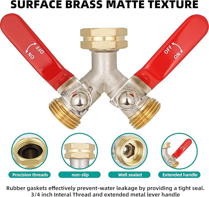 Hose Splitter 2 Way Heavy Duty, Brass Garden Hose Splitter, Faucet 2 Way hose connector, long handle 2 Way Splitter, Outdoor Faucet Splitters, Y Valve 3/4" GHT Thread.