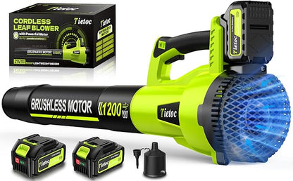 Tietoc Leaf Blower Cordless, 1200W Brushless Electric Leaf Blower with 2 X 5.0Ah Battery, 6 Speed Powerful Leaf Blowers for Garden, Patio, Lawn Care, Gift for Men Dad Husband Fathers (Light Green)