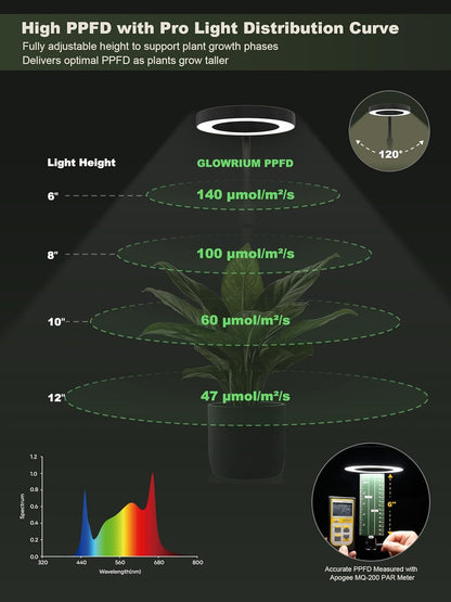 GLOWRIUM Smart LED Grow Lights for Indoor Plants, Desk Plant Light with Bluetooth App Control, 12W Full Spectrum Grow Lamp, Height Adjustable 16"-23", Auto Timer, Watering Reminder for Small Plants