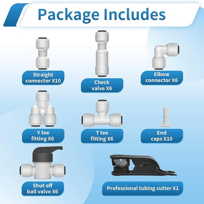 51Pcs 1/4" Quick Connect Water Line Fittings Kit, Push to Connect Fittings (Ball Valve, Check Valve, T, L, Y, I & Professional Tubing Cutter) for RO/DI, Refrigerator, Ice Maker