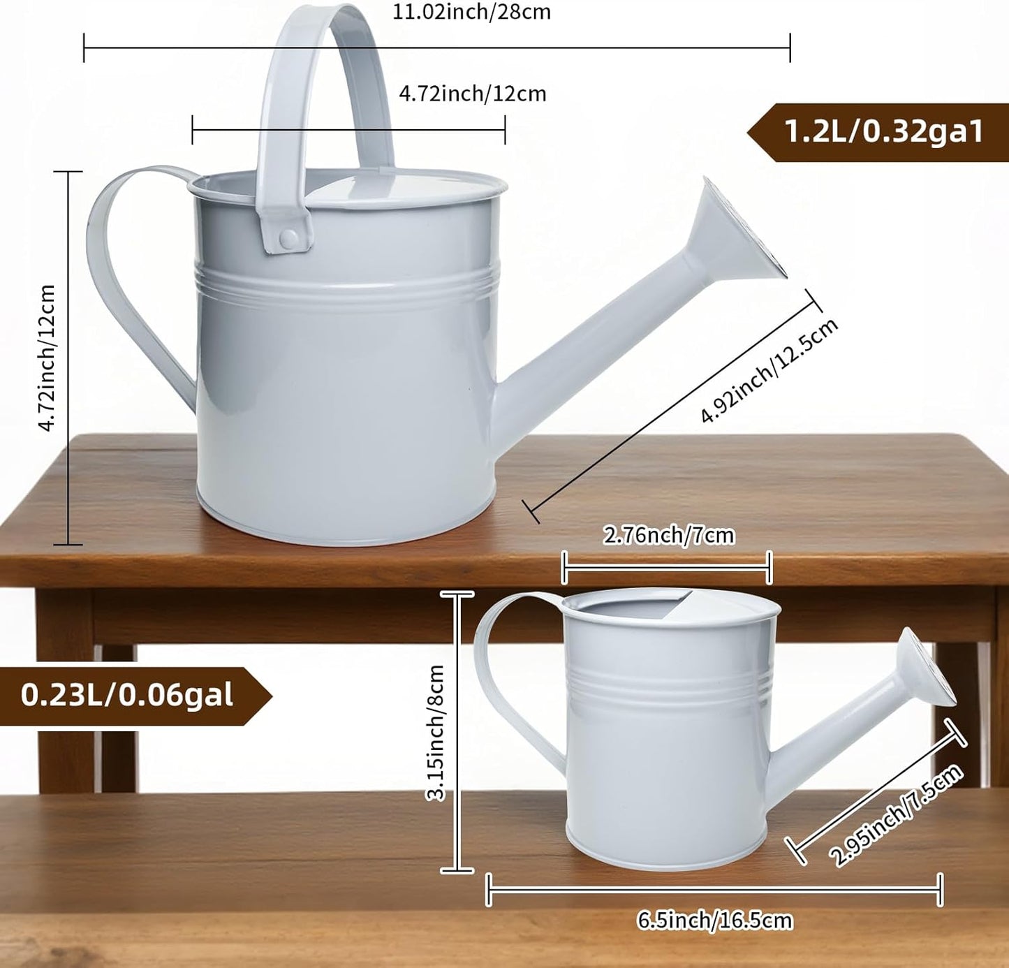 Small Metal Watering Can Set, Pink, 1.2L and 0.23L Garden Cans with Long Spout, Indoor Outdoor Plant Care (White)