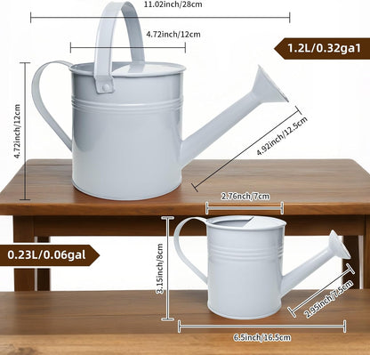 Small Metal Watering Can Set, Pink, 1.2L and 0.23L Garden Cans with Long Spout, Indoor Outdoor Plant Care (White)