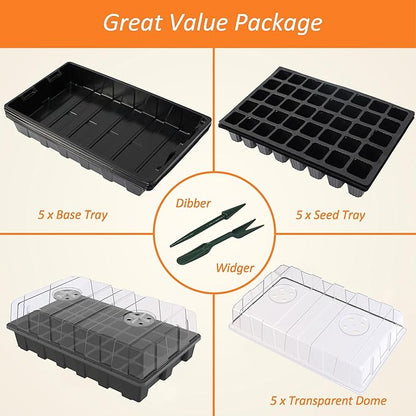 Gardzen 5-Set Seed Starter Tray Kits, Durable Plant Germination Trays with Humidity Vented Domes and Bases, Ideal for Seed Starting, Indoor Gardening, and Greenhouse (Total 200 Cells)