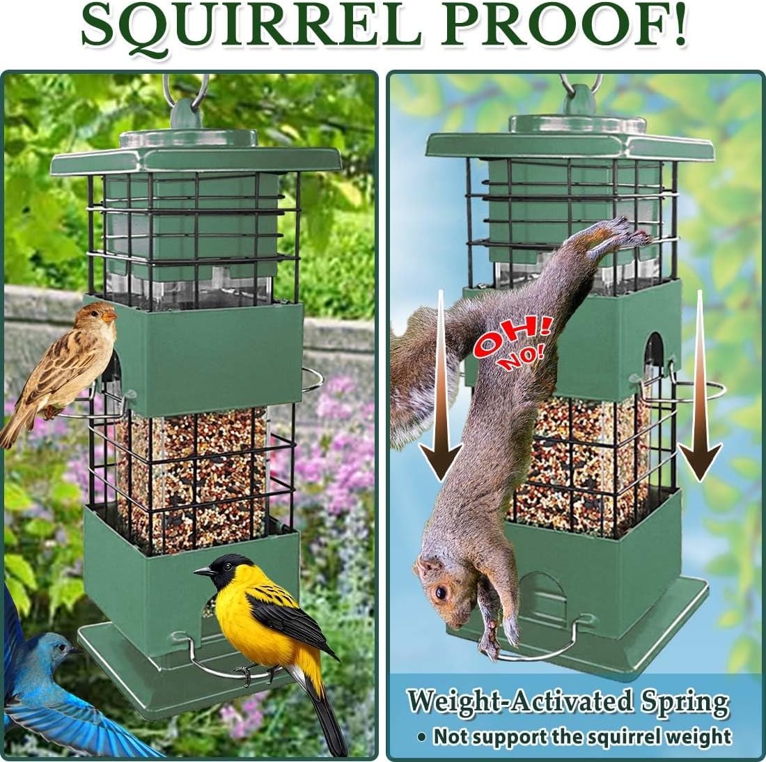 Squirrel Proof Bird Feeder, Metal Bird Feeders for Outdoors, 3 Lbs Birdfeeder Outside Hanging, Weight Activated Spring, 4 Feeding Ports, Cardinals, Finches and Sparrows, Wild Birds (Green)