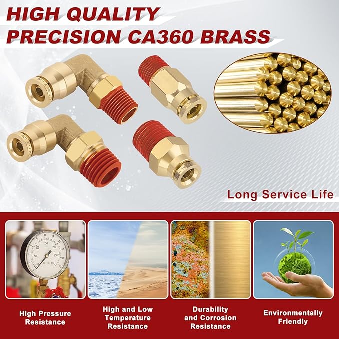 1/4” Quick Push to Connect Fittings Brass Male Straight and Elbow Combination DOT Approved 1/4 Tube OD to 1/4 and 1/8 NPT DOT Air Line Fittings Kit Air Suspension Kit Air Hose Repair Kit 40pcs