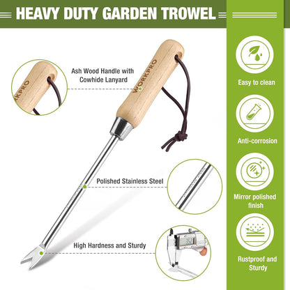 WORKPRO Dandelion Weeder Puller Tool with Wood Handle, Polished Stainless Steel Garden Weed Remover Tool, Two-Pronged Fork Weeder Tool for Lawn Farmland Transplant Gardening Plant Tool