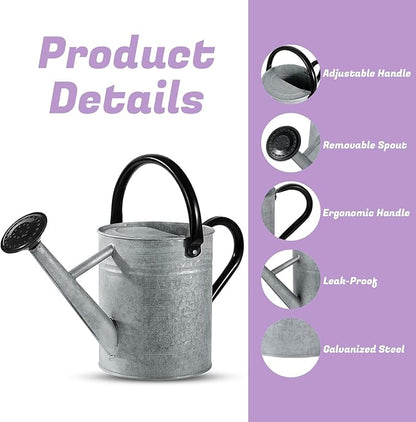 1 Gallon Watering Can for Plants, Watering Cans for Indoor&Outdoor Gardening, Galvanized Steel Watering Pot with Removable Spout, Metal Water Can with Ergonomic Movable Handle(Rustic Silver)