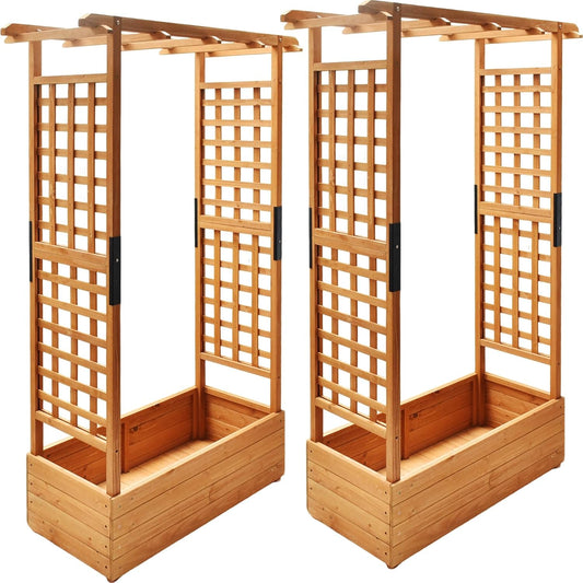Raised Garden Bed with Wood Trellis Set of 2 Outdoor Planter Box for Tomatoes Climbing Vegetables Herbs Flowers Patio Pots Tall Hanging Roof 2 Drainage Holes Orange, 42.5" L x 17.3" W x 66.1" H