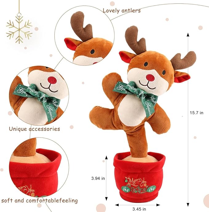 Christmas Dancing Reindeer Toy, Light Up Singing Mimicking Talking Repeating Reindeer Stuffed Animal, Animated Christmas Plush Toys, Musical Baby Toys 0-6 6-12 Months for Kids Boys Girls Gifts