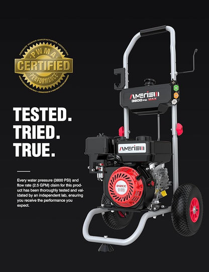 Gas Pressure Washer MAX 3800 PSI, MAX 2.5 GPM, 212CC, with Onboard Soap Tank, Metal Spray Wand, 5 Nozzles for House Siding, Driveways, Cars