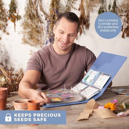 WILDGOOSE Seed Storage Organizer Binder - Seed Packet Organizer with 50 Pack Sheet Protectors That Stores 200 Seed Envelopes. (Blue)