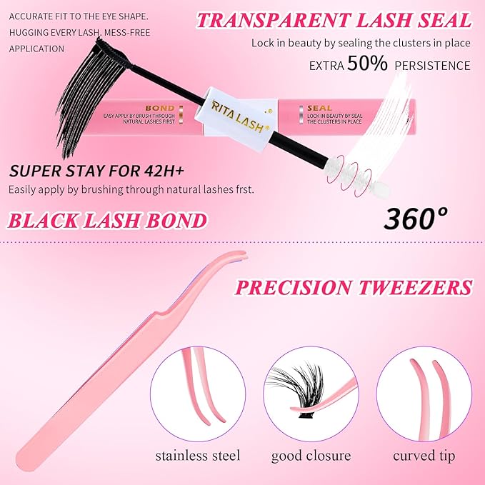 Lash Extension Kit DIY Lash Clusters 3 Boxes Cluster Lashes Soft Eyelash Extensions Wispy Individual Lashes with Lash Bond and Seal,Lash Tweezers,Washbag 6 Counts(40D 60D 80D, 3 Boxes Kit)