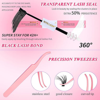 Lash Extension Kit DIY Lash Clusters 3 Boxes Cluster Lashes Soft Eyelash Extensions Wispy Individual Lashes with Lash Bond and Seal,Lash Tweezers,Washbag 6 Counts(40D 60D 80D, 3 Boxes Kit)