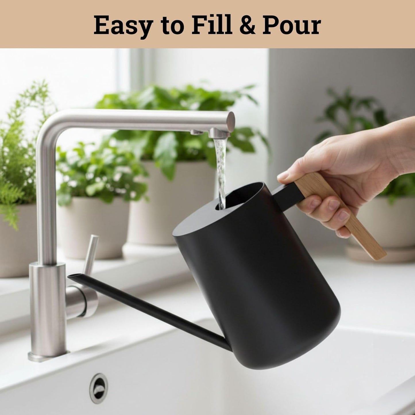 35 Ounce Metal Small Indoor Watering Can with Long Spout & Real Wood Handle for House Plants, Succulents, Cacti & Seedlings - Black Long Spout Watering Can Indoor Plants - Gentle Flow & No Spills