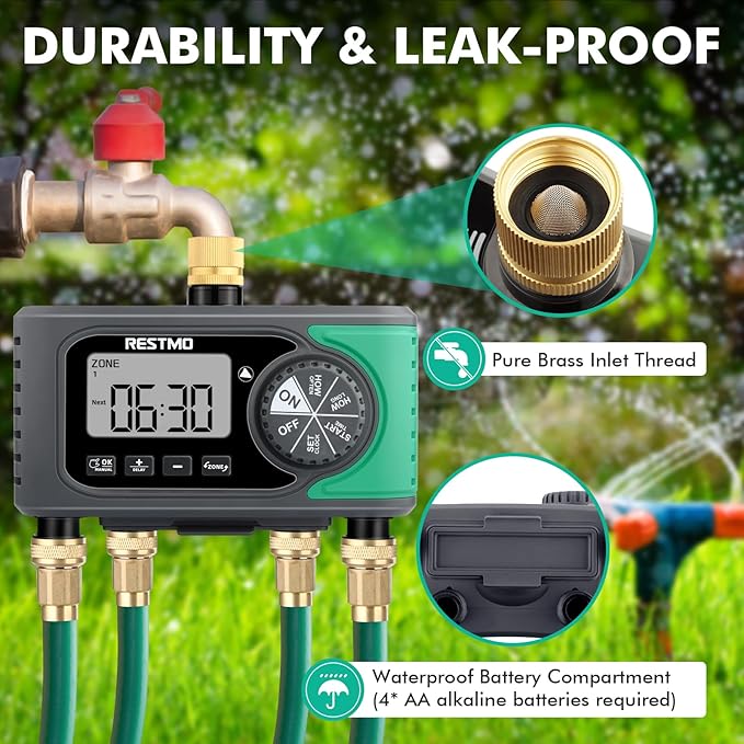 RESTMO 4-Outlet Sprinkler Timer with Brass Inlet, 4 Zone Programmable Water Timer for Garden Hose, Automatic Digital Control | Manual ON/Off | Rain Delay, for Outdoor Faucet, Drip Irrigation and Lawn