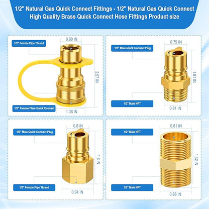 1/2" Gas Quick Connect Kit, 1/2" Natural Gas Quick Connect Fittings Kit – 4 Pcs Solid Brass Natural Gas & Propane Quick Disconnect Fittings, 1/2 inch Hose Quick Connect Adapter.