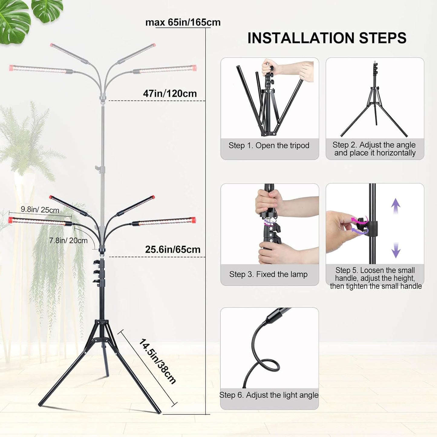 Grow Light with Stand and Timer 4,8,12 Hr, 36 Watt Standing Tall Plant Light for Bonsai Tree, Seed Starting, 24"-64" Adjustable Tripod Stand Plant Growing Lamps