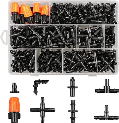 250 Pcs Drip Irrigation Fittings Kit for 1/4" Tubing：Gardrip 1/4 Inch Drip Irrigation Barbed Connectors (Nozzles, Nozzle Tees, Single Barbs, Couplings, Tees, Elbows, Plugs, Crosses) for Garden Systems