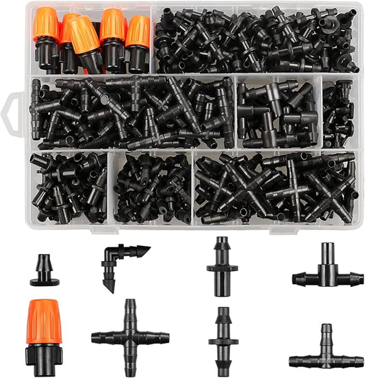 250 Pcs Drip Irrigation Fittings Kit for 1/4" Tubing：Gardrip 1/4 Inch Drip Irrigation Barbed Connectors (Nozzles, Nozzle Tees, Single Barbs, Couplings, Tees, Elbows, Plugs, Crosses) for Garden Systems